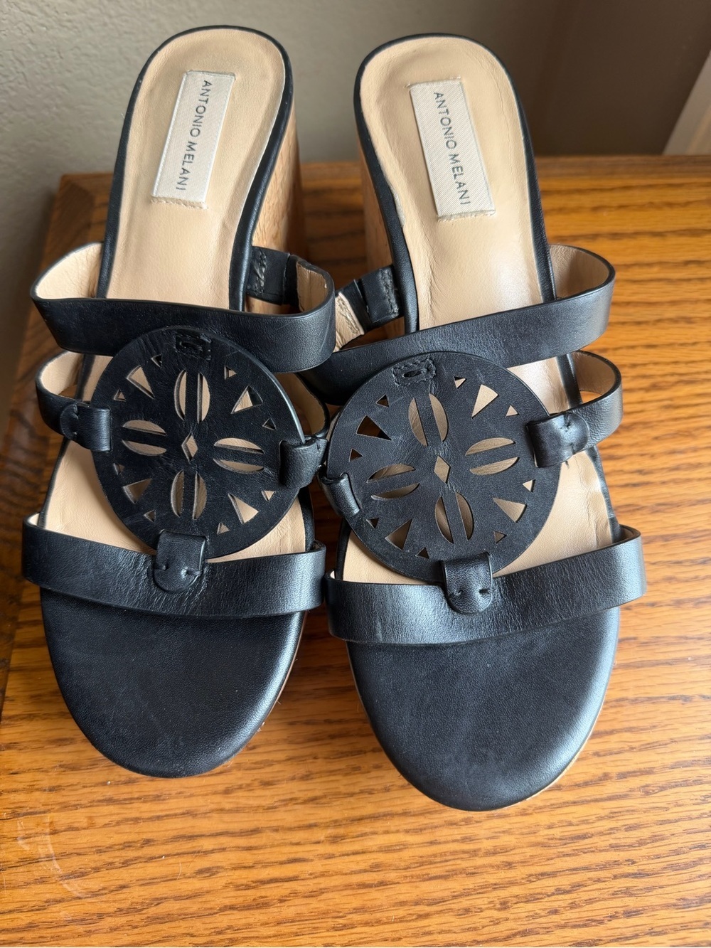 ANTONIO MELANI Black Cutout Leather Slide Mules